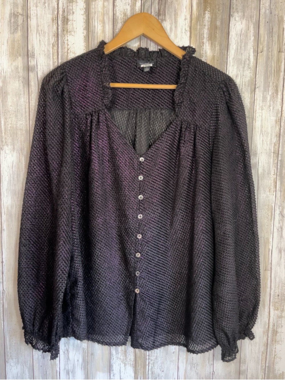 Current Air Black Textured Blouse Large Sheer Ruffle Neck Button Front Boho Top - Picture 1 of 6